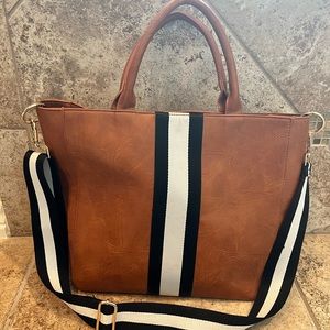 Stylish Tan Tote Bag with Black and White Strap